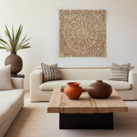 Wooden Floral Hand Carved Mandala Square Wall Decor-48X48 (Option: GoldWhite)