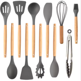 Non-Stick Silicon 12 Pcs Heat Resistant Wooden Handle Kitchen Cooking Utensils Set, Gray Color (Option: Gray)