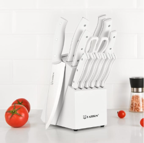 15-Piece White Kitchen Knife Set With Built-in Sharpening Stone, Ergonomic Triple Rivet Fixed Handles, Dishwasher Safe (Option: White-15Pieces)