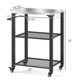 3-Shelf Outdoor Grill Cart With Stainless Steel Tabletop, Movable Pizza Oven Table With Hooks, Side Handle, Wheels (Color: Black)