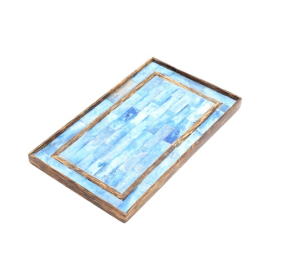 Ribaldi Handmade Bone Inlaid Wooden Tray  Decor & Serving Tray (Color: Blue)